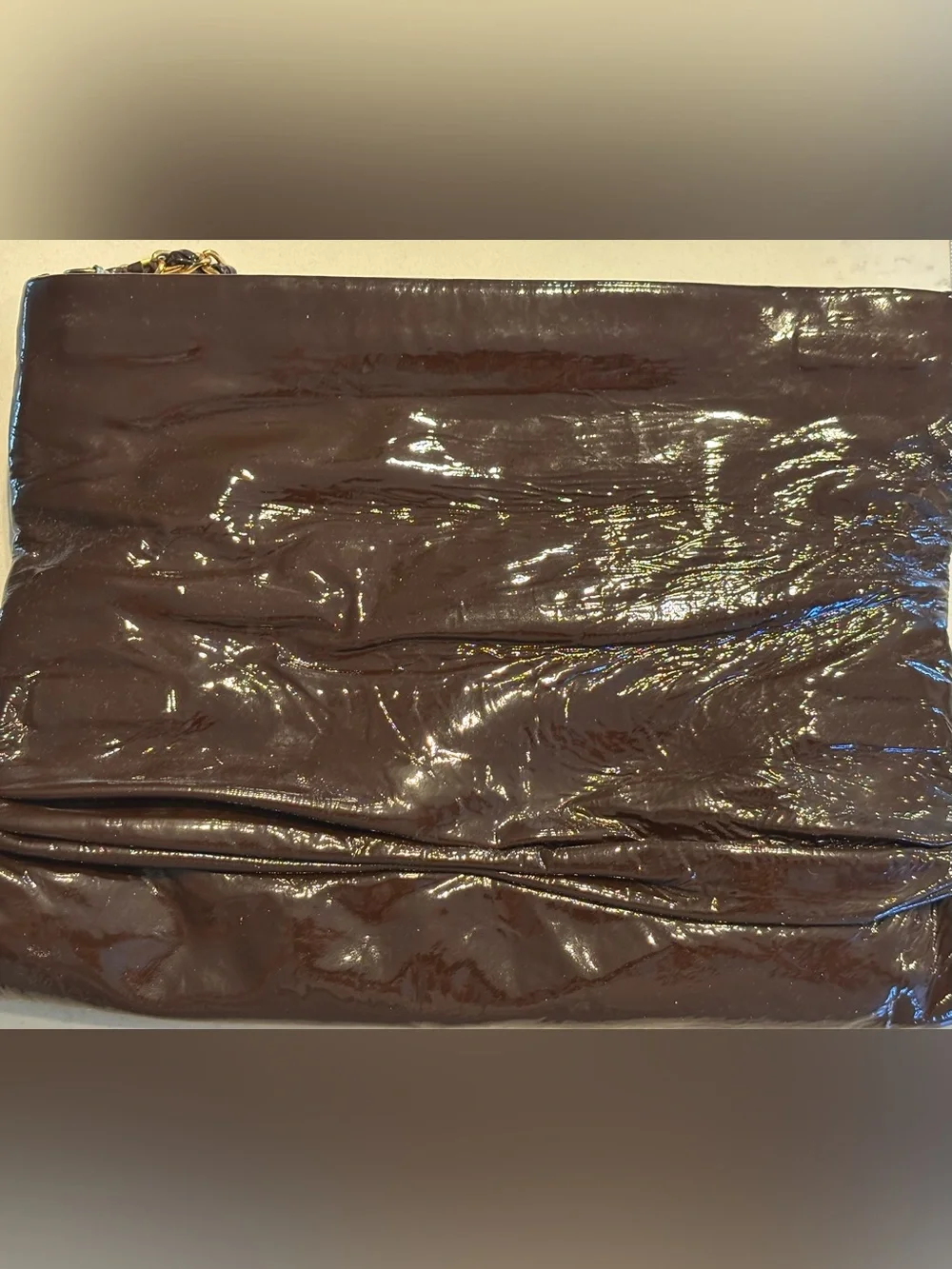 Onna Ehrlich Glossy Ruched Patent Brown Clutch Wristlet